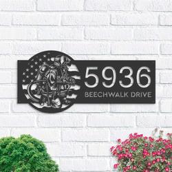 personalized fireman fire fighter us flag v1 address sign house number plaque custom metal sign 2