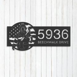 personalized fireman fire fighter us flag v2 address sign house number plaque custom metal sign 1