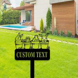 personalized floral bunny garden stake rabbit in flower pot decorative custom metal sign 2