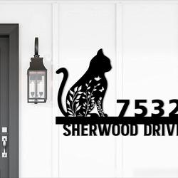personalized floral cat metal address sign custom metal art wall art gift for cat lover 2