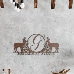 personalized floral deer last name address sign initial letter monogram house number plaque custom metal sign 1