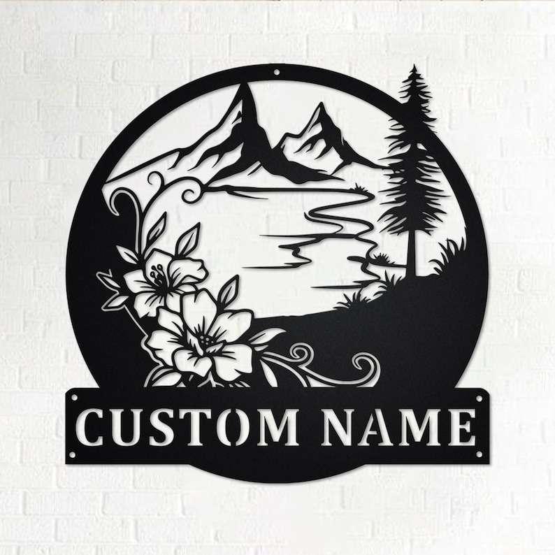 Personalized Floral Lake View Mountain Camping Hiking Custom Metal Wall Art personalized floral lake view mountain camping hiking custom metal sign 0