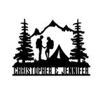 personalized forest camping couple hikers backpacking mountain scene custom metal sign 0