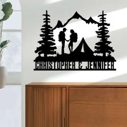 personalized forest camping couple hikers backpacking mountain scene custom metal sign 1