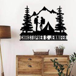 personalized forest camping couple hikers backpacking mountain scene custom metal sign 2