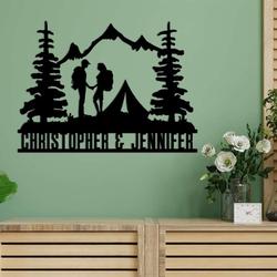 personalized forest camping couple hikers backpacking mountain scene custom metal sign 3