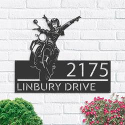 personalized girl biker motorbike rider address sign house number plaque custom metal sign 2