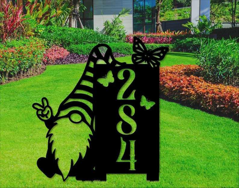 Personalized Gnome Peace Address Sign Garden Butterfly Yard Stakes House Number Plaque Custom Metal Wall Art personalized gnome peace address sign garden butterfly yard stakes house number plaque custom metal sign 0