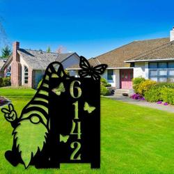 personalized gnome peace address sign garden butterfly yard stakes house number plaque custom metal sign 2