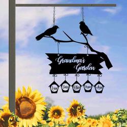 personalized grandmas garden grandkids name bird perching decorative custom metal sign 1