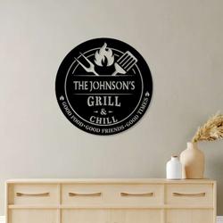 personalized grill and chill metal sign bbq gifts backyard bar and grill sign outdoor kitchen backyard decor housewarming gift 2