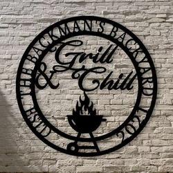 Personalized Grill And Chill Metal Wall Art BBQ Sign Home Bar Pub Decor Sign For Backyard Tiki Bar Home Outdoor