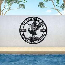 personalized heron metal wall art sign elegant lake bird sign for family backyard pond or lake decoration housewarming gift 1