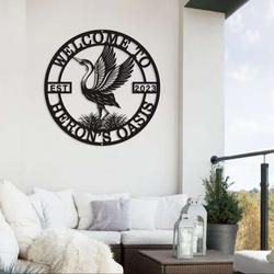 personalized heron metal wall art sign elegant lake bird sign for family backyard pond or lake decoration housewarming gift 2