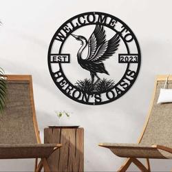 personalized heron metal wall art sign elegant lake bird sign for family backyard pond or lake decoration housewarming gift 3