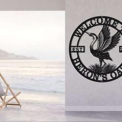 personalized heron metal wall art sign elegant lake bird sign for family backyard pond or lake decoration housewarming gift 4