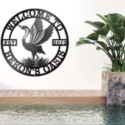 personalized heron metal wall art sign elegant lake bird sign for family backyard pond or lake decoration housewarming gift 5