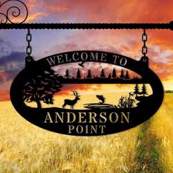 personalized lake jumping fish deer forest scene sign lakehouse beach house home decor custom metal sign 2