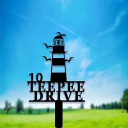 personalized lighthouse coastal beach house address sign with stake house number plaque custom metal sign 2