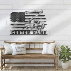 personalized lineman bucket truck driver us flag heavy equipment home decoration custom metal sign 2
