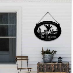 personalized mallard duck metal sign lake pond evergreen wall hanging duck and lake house decor 1