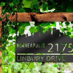 personalized minneapolis city skyline metal address sign house number plaque realtor closing gift custom metal sign 2
