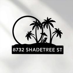 personalized palm tree house number address metal sign tropical outdoor sign beach house decor pool lake sign housewarming gift 1