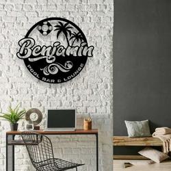 personalized palm tree pool bar sign tropical patio name metal sign home decor tiki bar oasis decoration housewarming gift 1