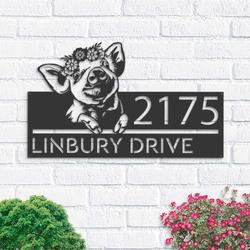 personalized peeking pig farm animal farmhouse ranch address sign house number plaque custom metal sign 2