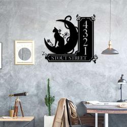 personalized personalized black cat on the moon address sign house number plaque custom metal sign 2