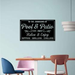 personalized pool and patio metal sign backyard pool sign farmhouse decor housewarming gift 1