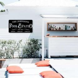personalized pool and patio metal sign outdoor pool sign swimming pool patio home decor housewarming gift 1