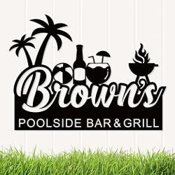 Personalized Poolside Bar And Grill Sign Backyard Bar And Grill Metal Wall Art Patio Pool Party Decorations Pool Gifts