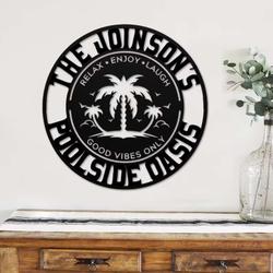 personalized poolside oasis metal sign custom family name sign welcome sign pool bar sign beach house home decor 3