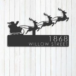 Personalized Santa Claus Christmas Reindeer Sleigh Address Sign House Number Plaque Custom Metal Wall Art