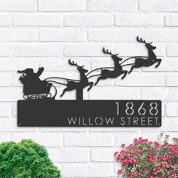 personalized santa claus christmas reindeer sleigh address sign house number plaque custom metal sign 1