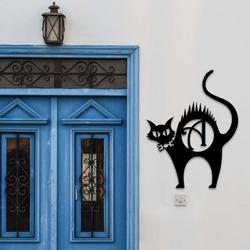 Personalized Scaredy Black Cat Metal Wall Art Monogram Signs Halloween Decoration for Home