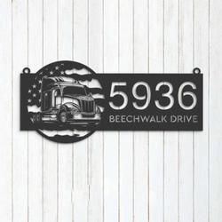 personalized semi truck us flag truck driver address sign house number plaque custom metal sign 1