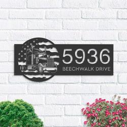 personalized semi truck us flag trucker driver address sign house number plaque custom metal sign 1