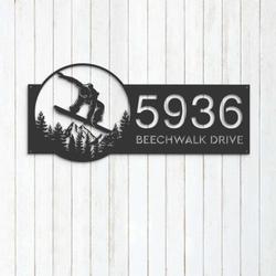Personalized Snowboard Snowboarder Winter Sport  Address Sign House Number Plaque Custom Metal Wall Art