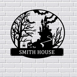 Personalized Spooky Haunted House Metal Wall Art  Custom Family Name Welcome Sign Halloween Decor Home