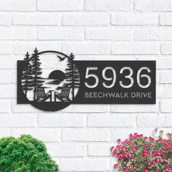 personalized sunset scene couple chair camping front door patio address sign house number plaque custom metal sign 2