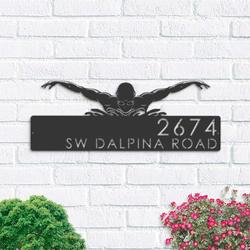 Personalized Swimmer Swimming Pool Summer Sport Address Sign House Number Plaque Custom Metal Wall Art