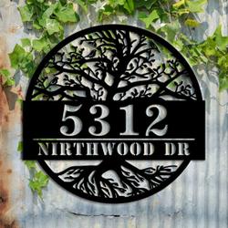 Personalized Tree Modern House Number Sign with Address Name Custom Outdoor Metal Wall Art