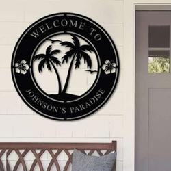 personalized tropical pool paradise metal sign family pool sign patio sign family name sign beach house tiki bar sign housewarming gift 1