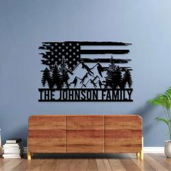 personalized us flag forest mountain camping custom metal sign 1