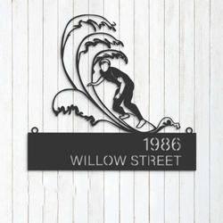 Personalized Waves Surfing Surfer Summer Sport Address Sign House Number Plaque Custom Metal Wall Art