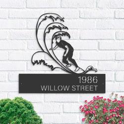 personalized waves surfing surfer summer sport address sign house number plaque custom metal sign 1