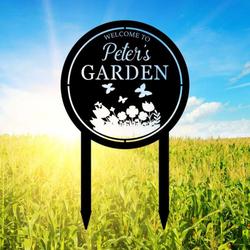 personalized welcome to garden flower and butterfly yard stakes decorative custom metal sign 1
