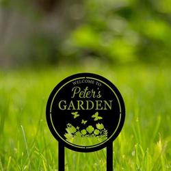 personalized welcome to garden flower and butterfly yard stakes decorative custom metal sign 2